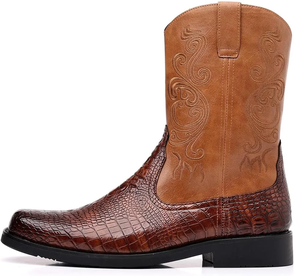 Santimon Men's Crocodile Western Cowboy Boots, Side Zipper, Mid Calf Wide Square Toe Boots