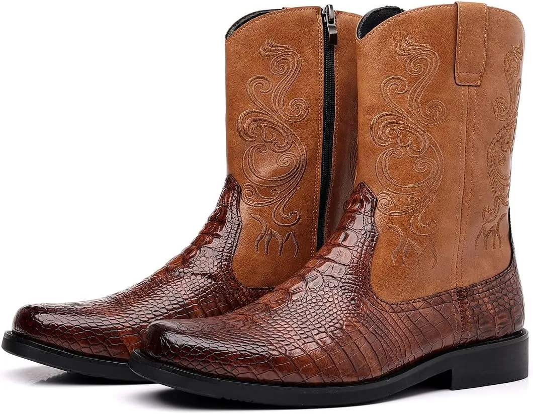 Santimon Men's Crocodile Western Cowboy Boots, Side Zipper, Mid Calf Wide Square Toe Boots
