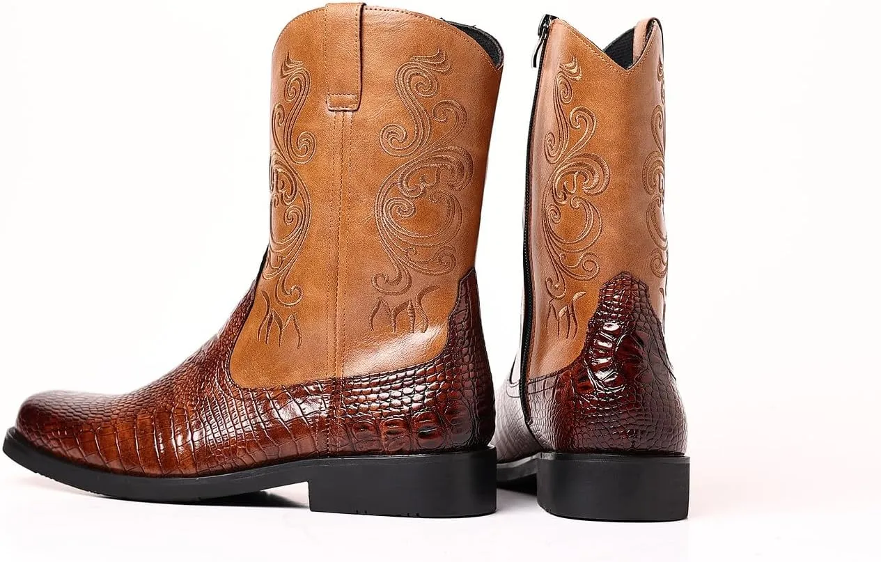 Santimon Men's Crocodile Western Cowboy Boots, Side Zipper, Mid Calf Wide Square Toe Boots