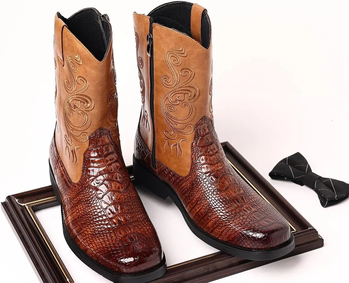 Santimon Men's Crocodile Western Cowboy Boots, Side Zipper, Mid Calf Wide Square Toe Boots