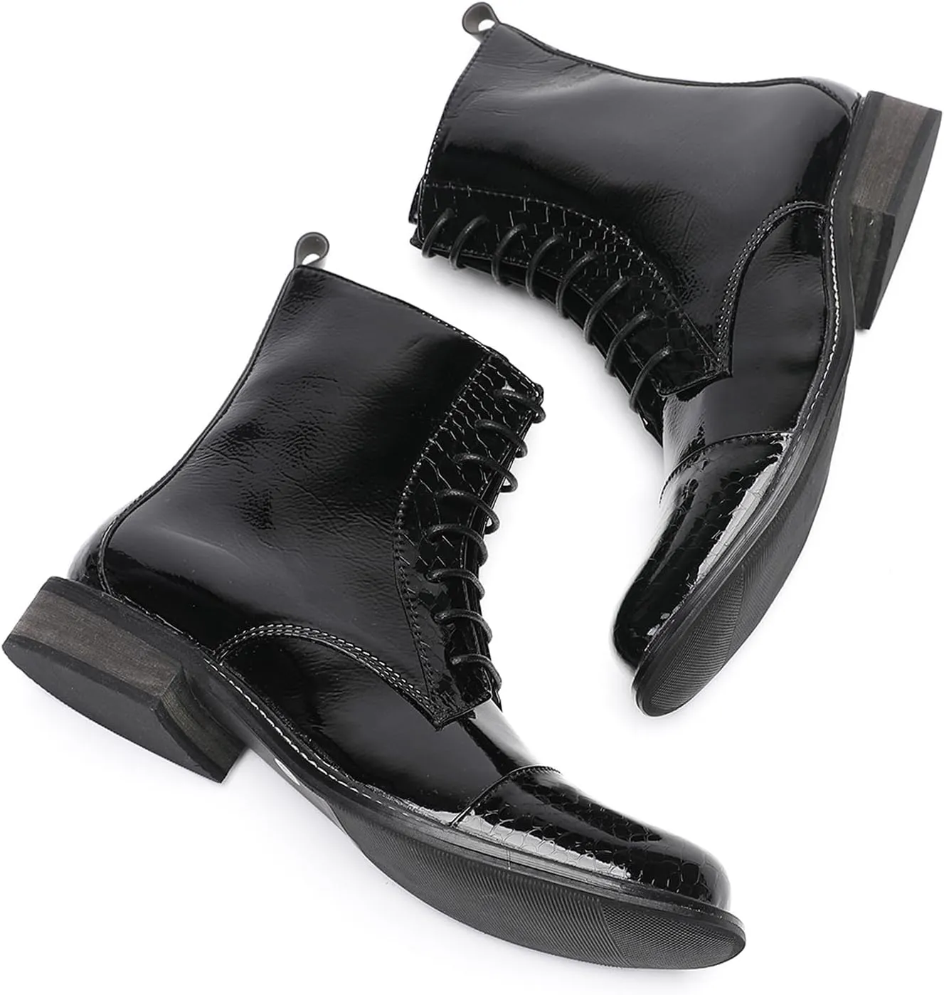 Santimon Men's Patent Leather Dress Oxfords Boots – Black Glossy Square Toe Lace-Up Ankle Boots with Brogue Detailing, Vintage Style Cowboy Boot for Party, Singer, Bar,Wedding & Casual Wear