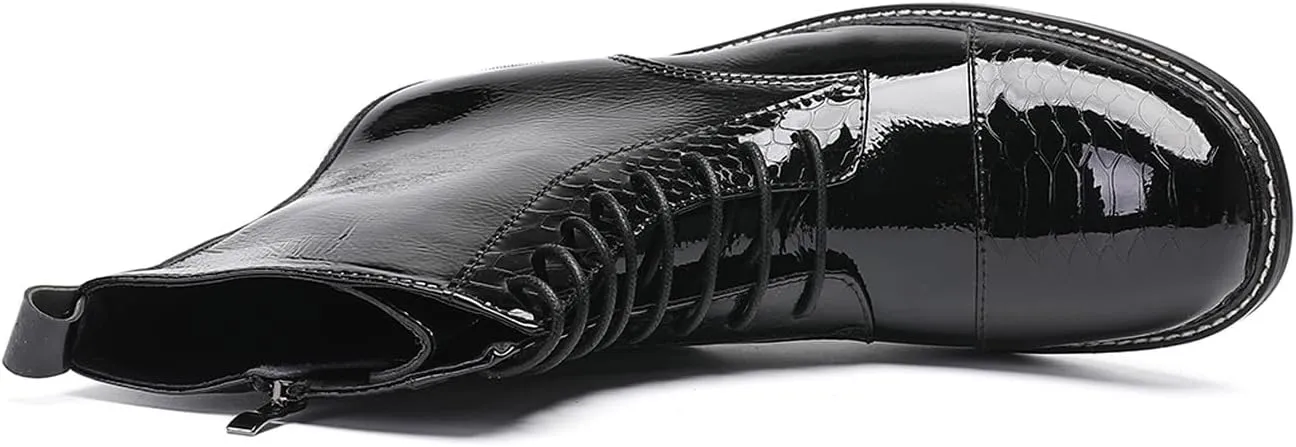 Santimon Men's Patent Leather Dress Oxfords Boots – Black Glossy Square Toe Lace-Up Ankle Boots with Brogue Detailing, Vintage Style Cowboy Boot for Party, Singer, Bar,Wedding & Casual Wear