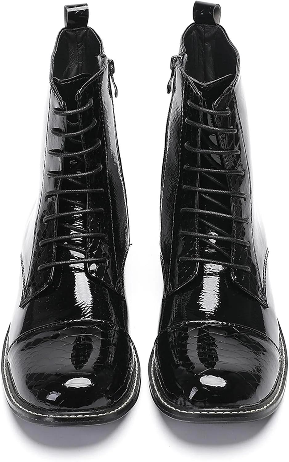 Santimon Men's Patent Leather Dress Oxfords Boots – Black Glossy Square Toe Lace-Up Ankle Boots with Brogue Detailing, Vintage Style Cowboy Boot for Party, Singer, Bar,Wedding & Casual Wear