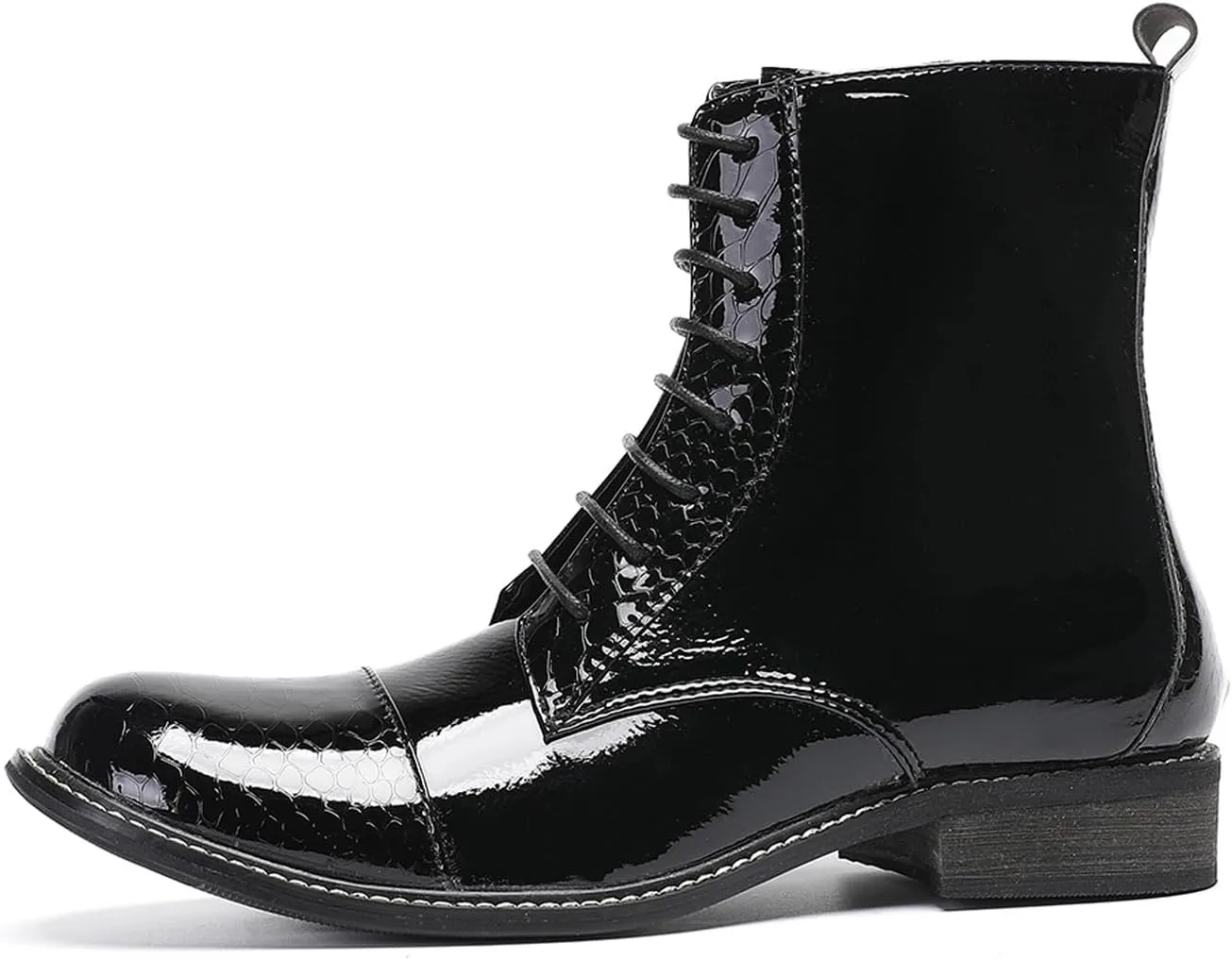 Santimon Men's Patent Leather Dress Oxfords Boots – Black Glossy Square Toe Lace-Up Ankle Boots with Brogue Detailing, Vintage Style Cowboy Boot for Party, Singer, Bar,Wedding & Casual Wear