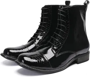 Santimon Men's Patent Leather Dress Oxfords Boots – Black Glossy Square Toe Lace-Up Ankle Boots with Brogue Detailing, Vintage Style Cowboy Boot for Party, Singer, Bar,Wedding & Casual Wear
