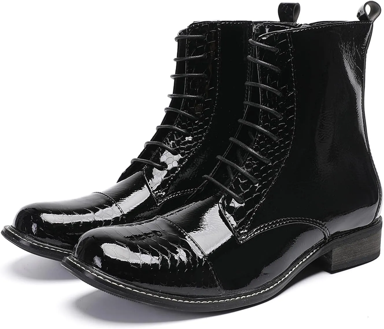Santimon Men's Patent Leather Dress Oxfords Boots – Black Glossy Square Toe Lace-Up Ankle Boots with Brogue Detailing, Vintage Style Cowboy Boot for Party, Singer, Bar,Wedding & Casual Wear