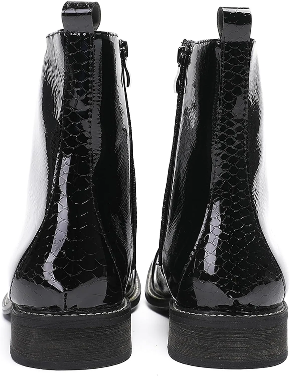 Santimon Men's Patent Leather Dress Oxfords Boots – Black Glossy Square Toe Lace-Up Ankle Boots with Brogue Detailing, Vintage Style Cowboy Boot for Party, Singer, Bar,Wedding & Casual Wear