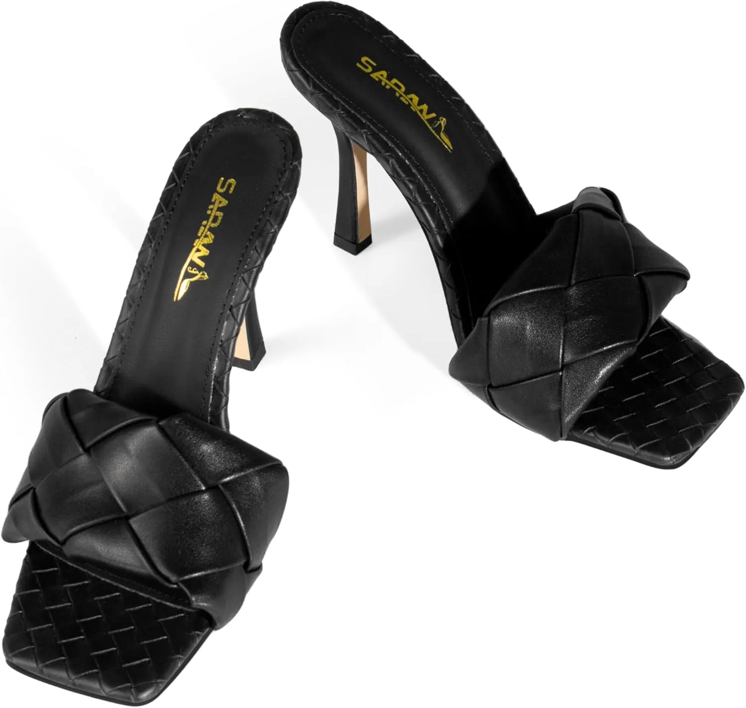 sarawill Women's Braided Heeled Sandals High Heel Slides Open Square Toe Stilettos Heeled Mules Slip On Summer Heel Sexy Party Dress Shoes for Ladies