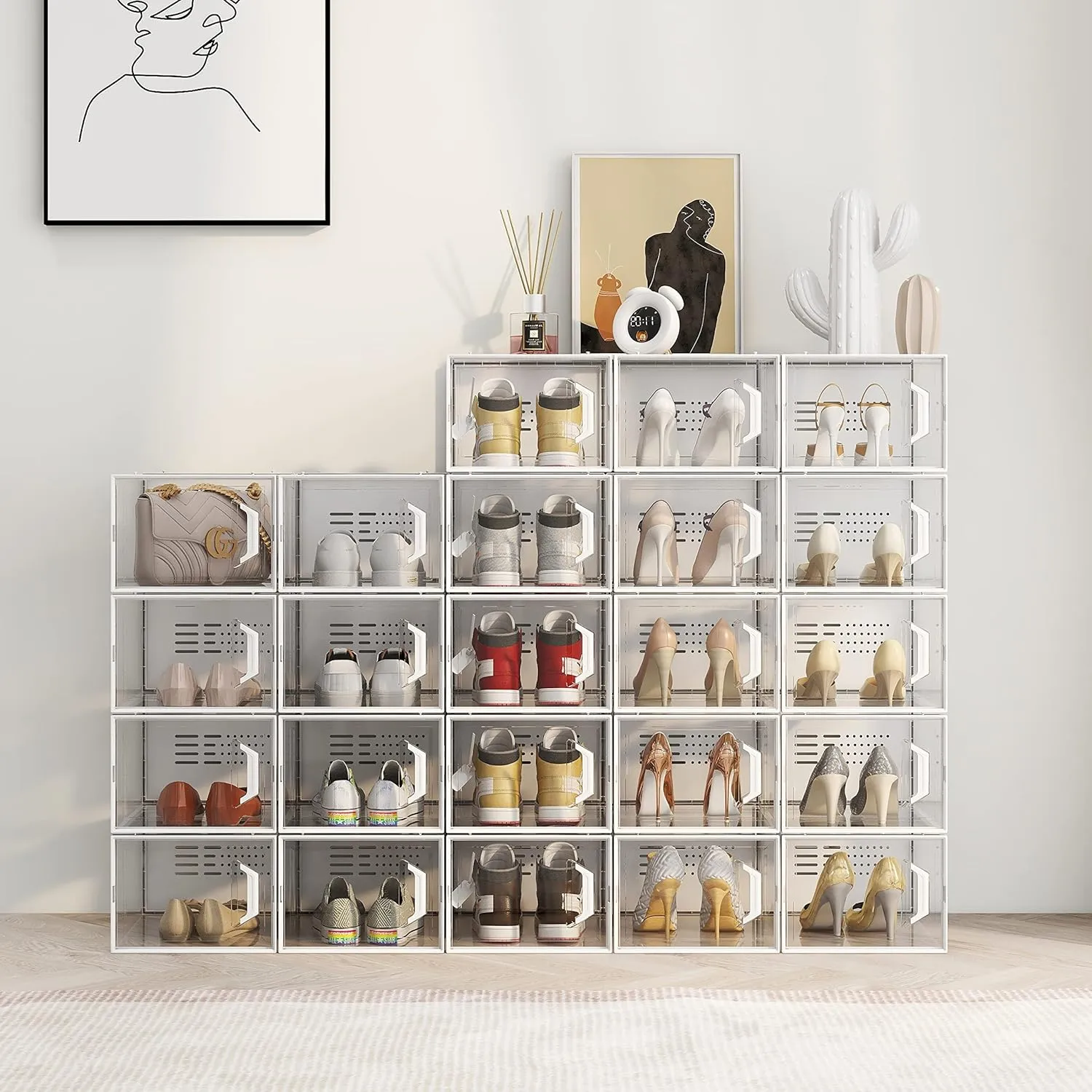 SEE SPRING Large 12 Pack Shoe Storage Box, Shoe Organizer for Closet, Clear Plastic Stackable Shoe Boxes, Space Saving Foldable Sneaker Shoe Rack Containers Bin Holder (Black)