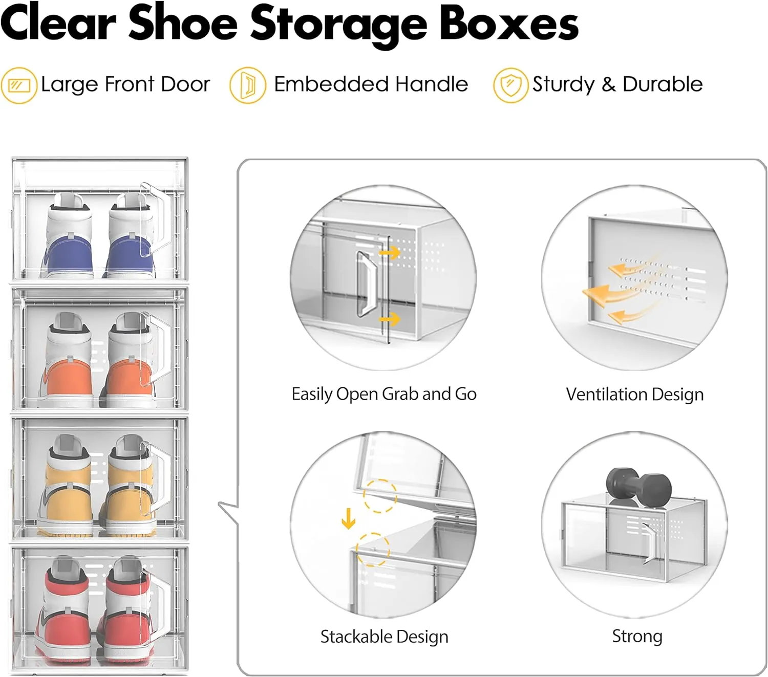 SEE SPRING Large 12 Pack Shoe Storage Box, Shoe Organizer for Closet, Clear Plastic Stackable Shoe Boxes, Space Saving Foldable Sneaker Shoe Rack Containers Bin Holder (Black)