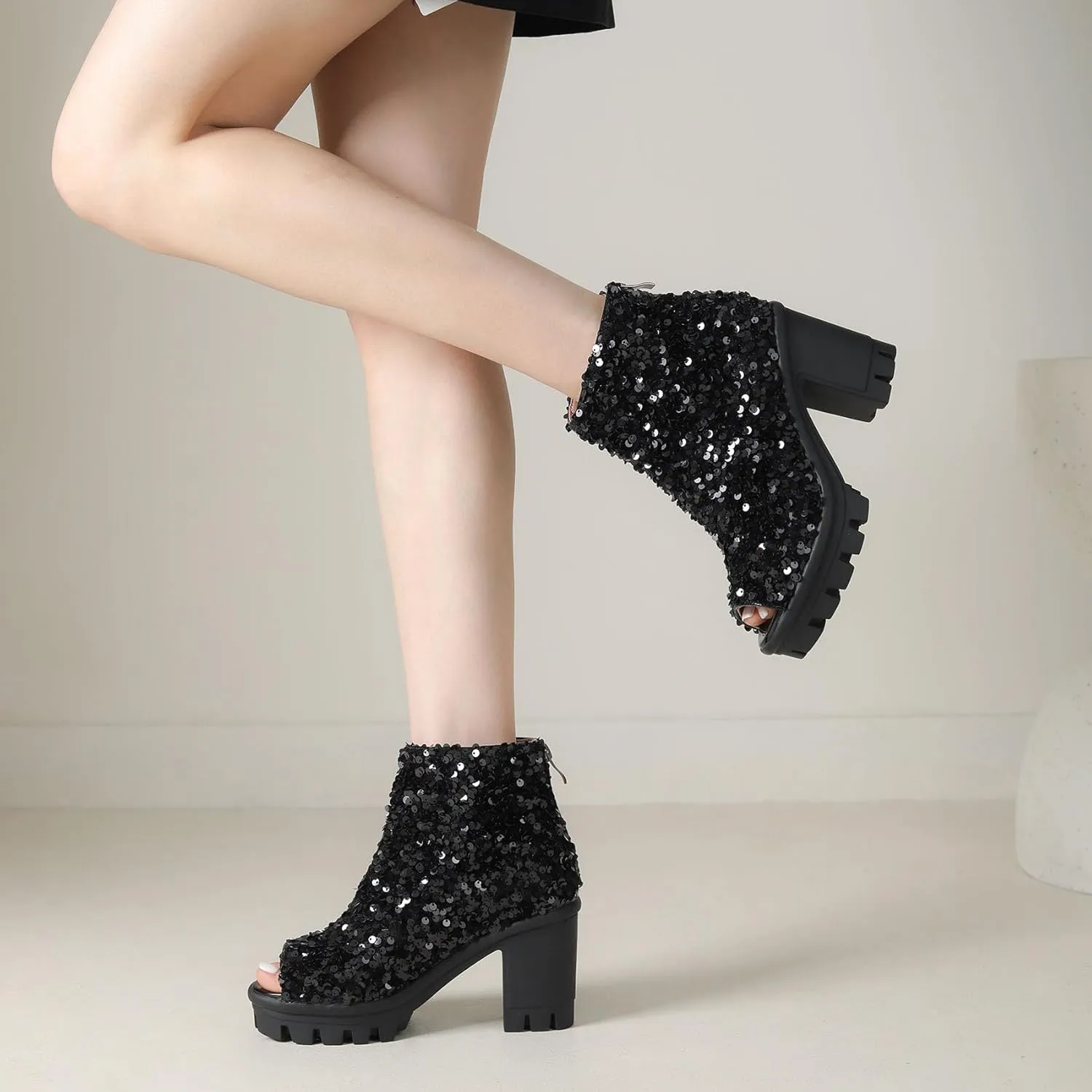 SHEMEE Peep Toe Glitter Ankle Boots for Women Chunky High Heeled Sandals Sparkly Sequin Block Heels Summer Booties with Zipper