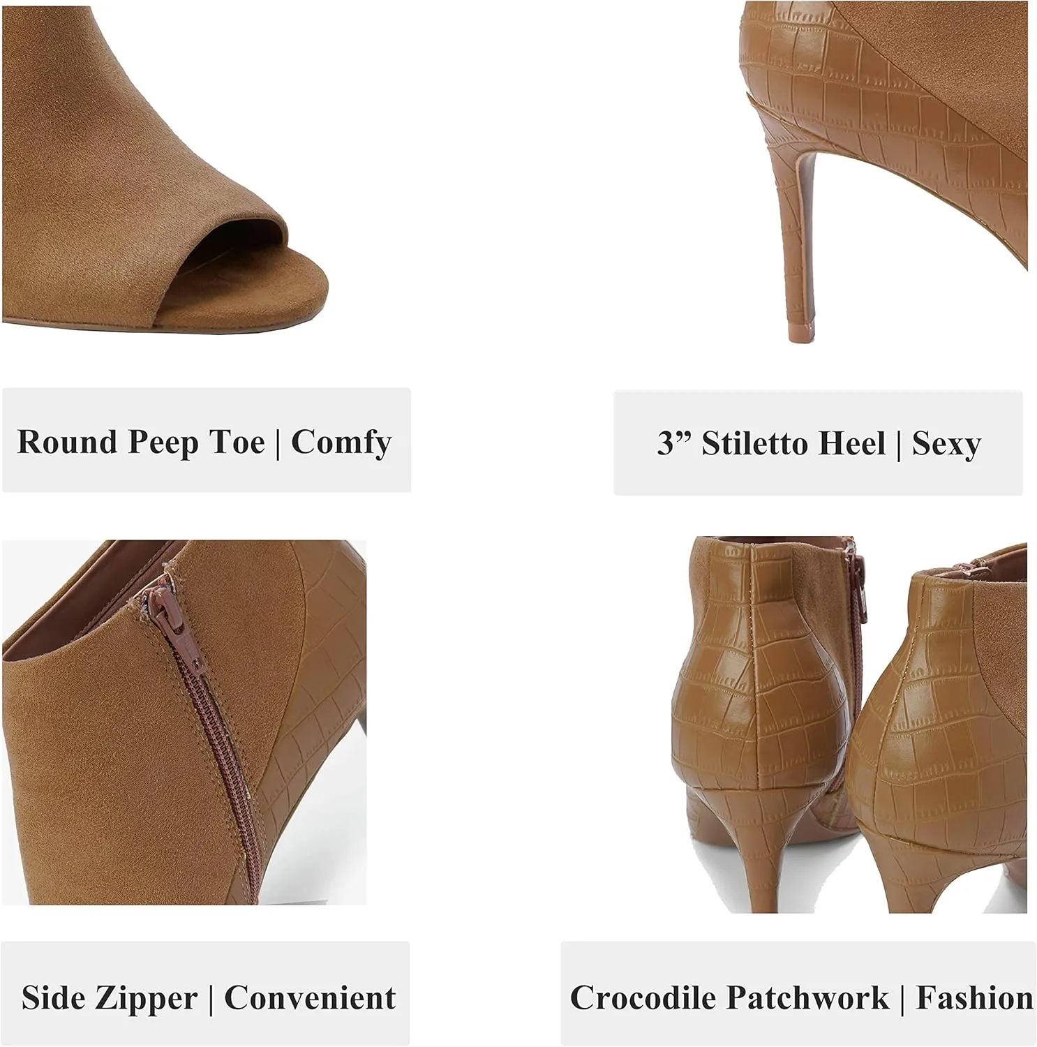 SHODENSE Open Peep Toe Stiletto Booties for Women Zipper Sexy 3" High Heels Ankle Boots Crocodile Zip Up Dress Boot Round Toe Suede Sandal Booties Patchwork Fall Summer Party Wedding Office 4-11 M US