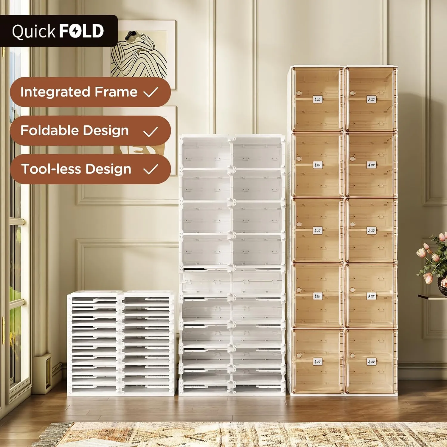 Shoe Organizer Storage Box, Portable Folding Shoe Rack For Closet With Magnetic Clear Door,Large Sneaker Cabinet Bins Sturdy Easy Assembly 10 Layers-20 Grids