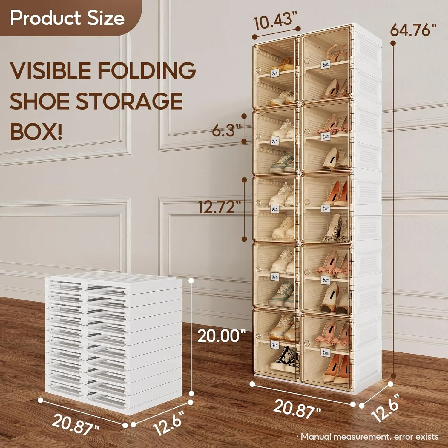 Shoe Organizer Storage Box, Portable Folding Shoe Rack For Closet With Magnetic Clear Door,Large Sneaker Cabinet Bins Sturdy Easy Assembly 10 Layers-20 Grids