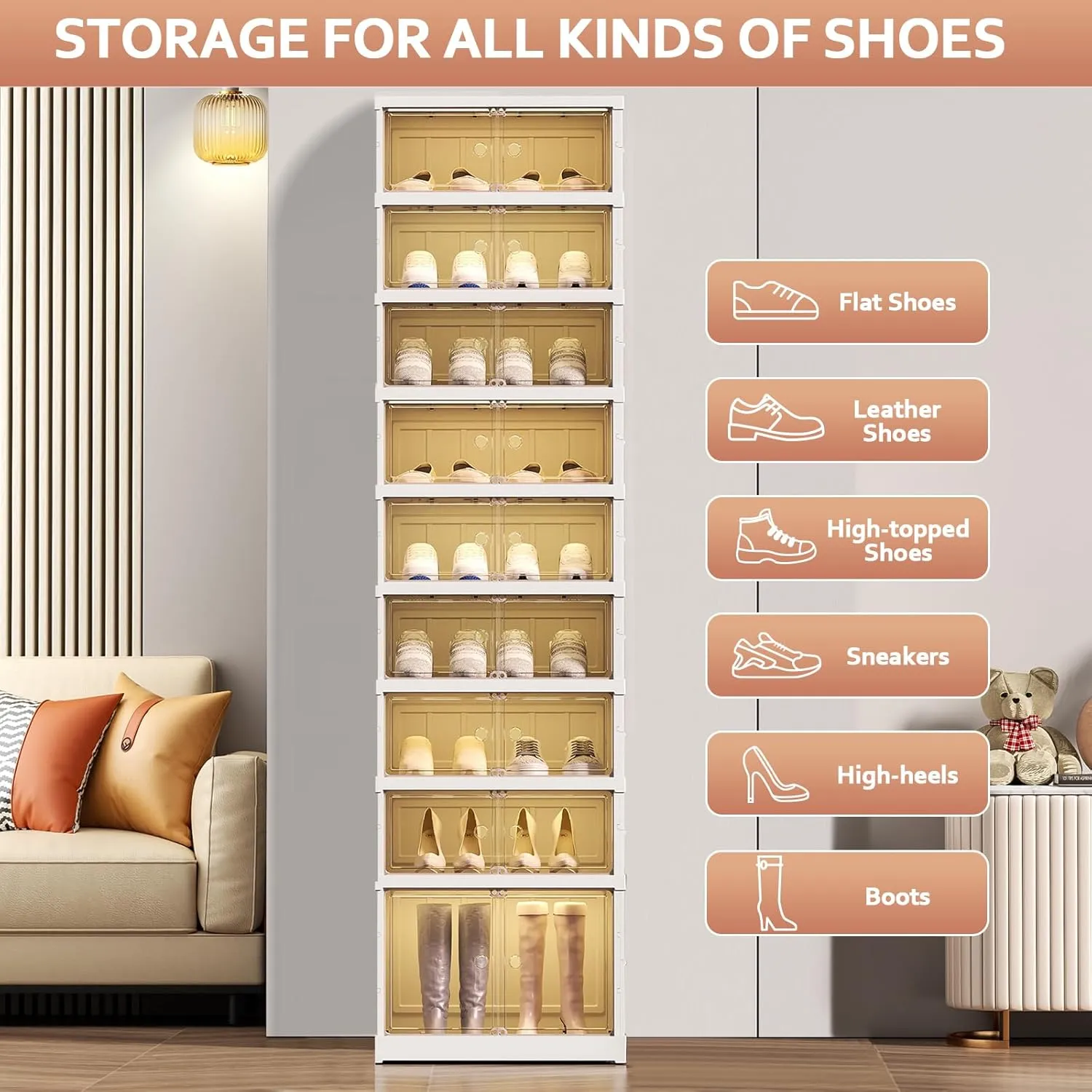 Shoe Rack Organizer for Closet Entryway 9 Tiers-18 Pairs Foldable Sneaker Storage Shoe, Collapsible Shoe Cabinet with Doors, Stackable Shoe Storage Cabinet with Lids for Living Room