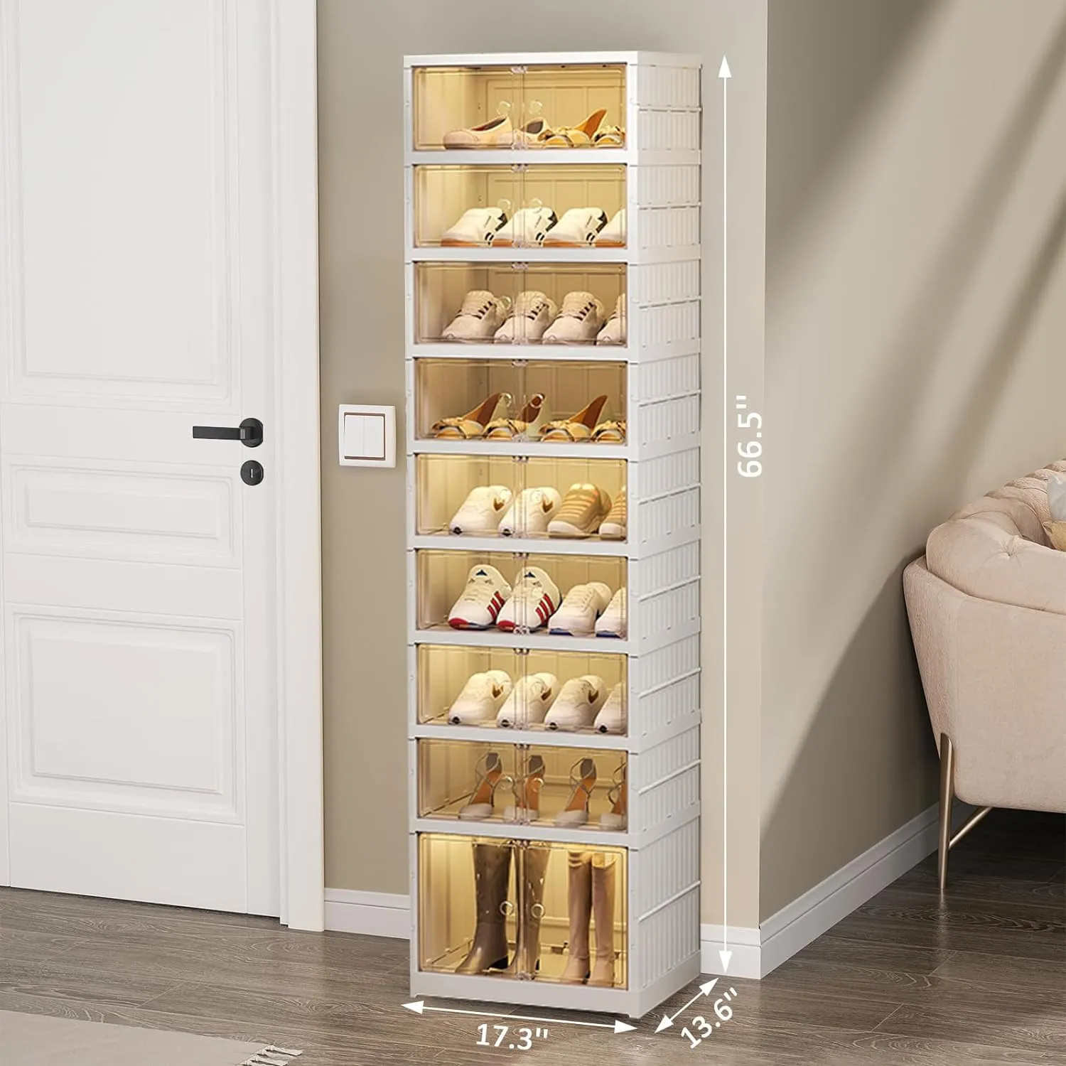 Shoe Rack Organizer for Closet Entryway 9 Tiers-18 Pairs Foldable Sneaker Storage Shoe, Collapsible Shoe Cabinet with Doors, Stackable Shoe Storage Cabinet with Lids for Living Room