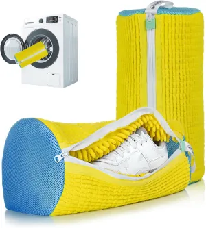 Shoe Washing Machine Bag, Washing Machine Shoe Bag with Zip, Shoe Laundry Bag, Extra Long and Thick Microfibre Fluff, Suitable for Multiple Yellow Shoes (2 Pcs, Light Yellow Blue)