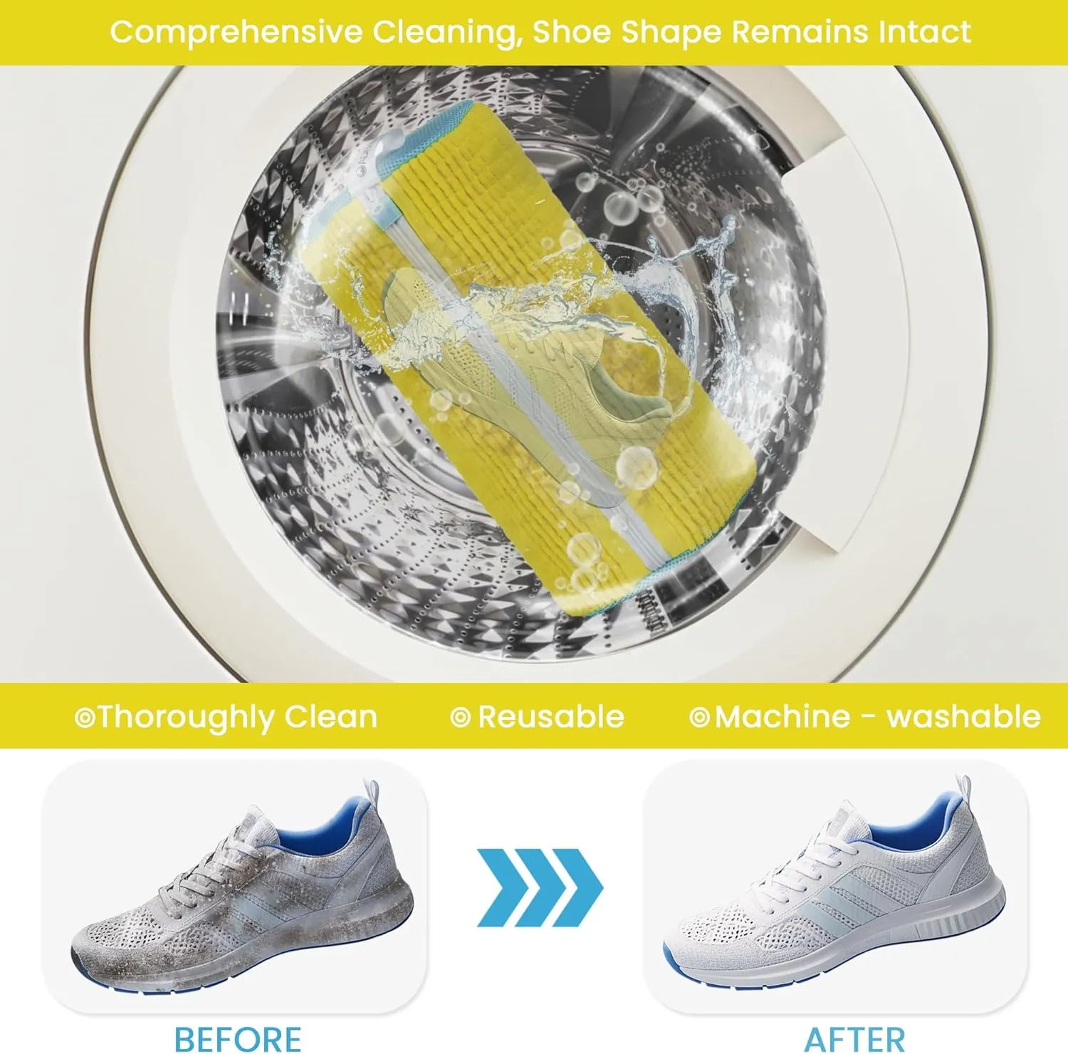 Shoe Washing Machine Bag, Washing Machine Shoe Bag with Zip, Shoe Laundry Bag, Extra Long and Thick Microfibre Fluff, Suitable for Multiple Yellow Shoes (2 Pcs, Light Yellow Blue)