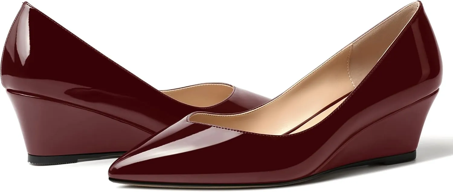 SHOWFOREST Women's Slip On Dating Patent Solid Pointed Toe Sexy Wedge Low Heel Pumps Shoes 2 Inch