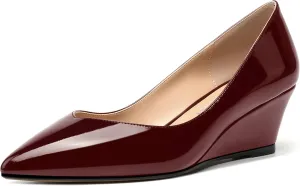 SHOWFOREST Women's Slip On Dating Patent Solid Pointed Toe Sexy Wedge Low Heel Pumps Shoes 2 Inch
