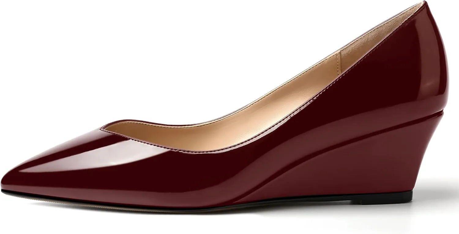 SHOWFOREST Women's Slip On Dating Patent Solid Pointed Toe Sexy Wedge Low Heel Pumps Shoes 2 Inch