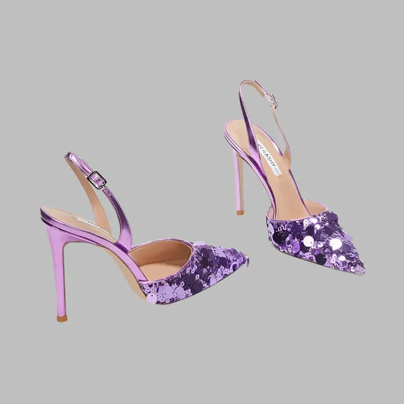 Single button Back strap Sequins Thin heel Sandals