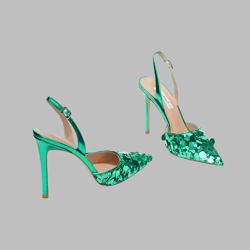 Single button Back strap Sequins Thin heel Sandals