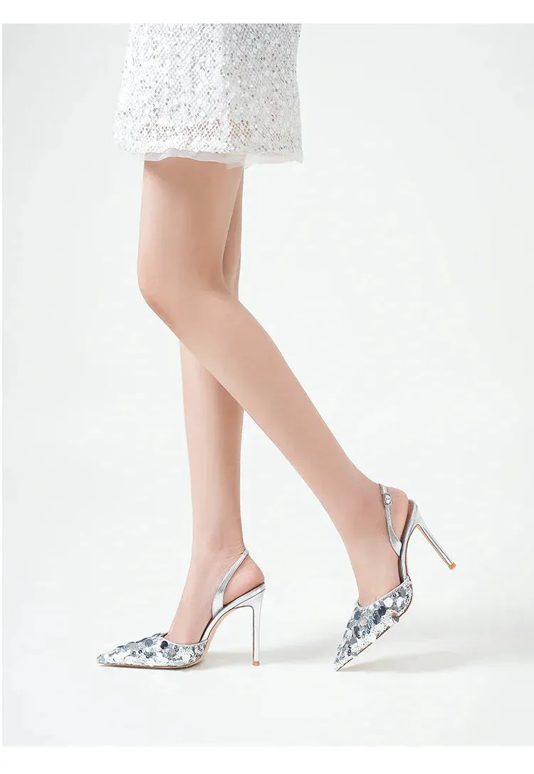 Single button Back strap Sequins Thin heel Sandals