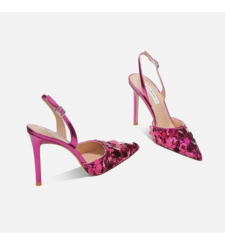 Single button Back strap Sequins Thin heel Sandals