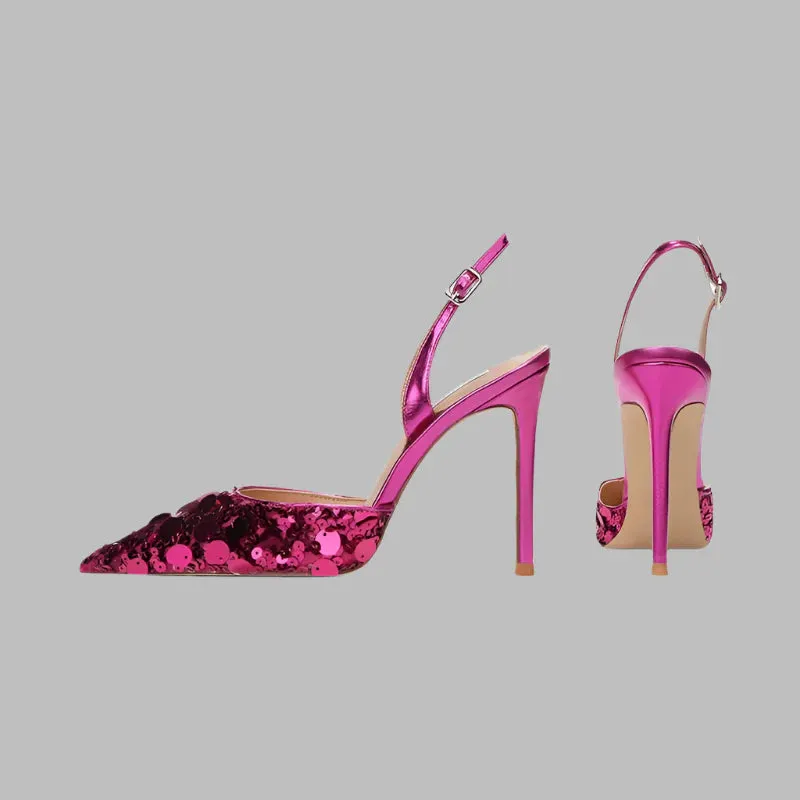 Single button Back strap Sequins Thin heel Sandals