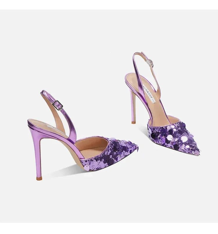 Single button Back strap Sequins Thin heel Sandals