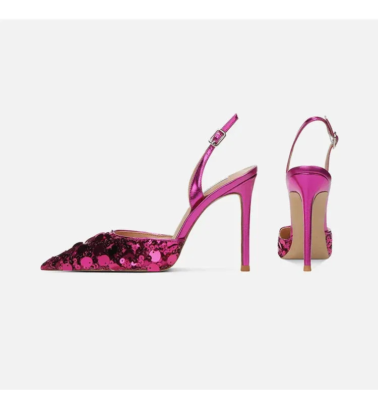 Single button Back strap Sequins Thin heel Sandals