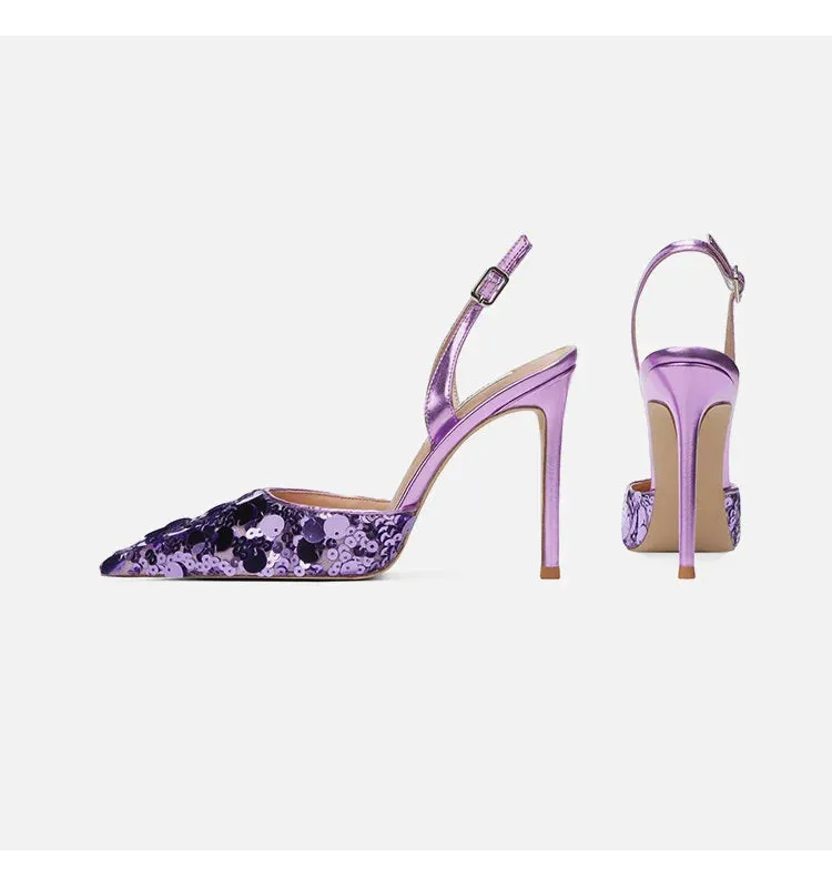 Single button Back strap Sequins Thin heel Sandals