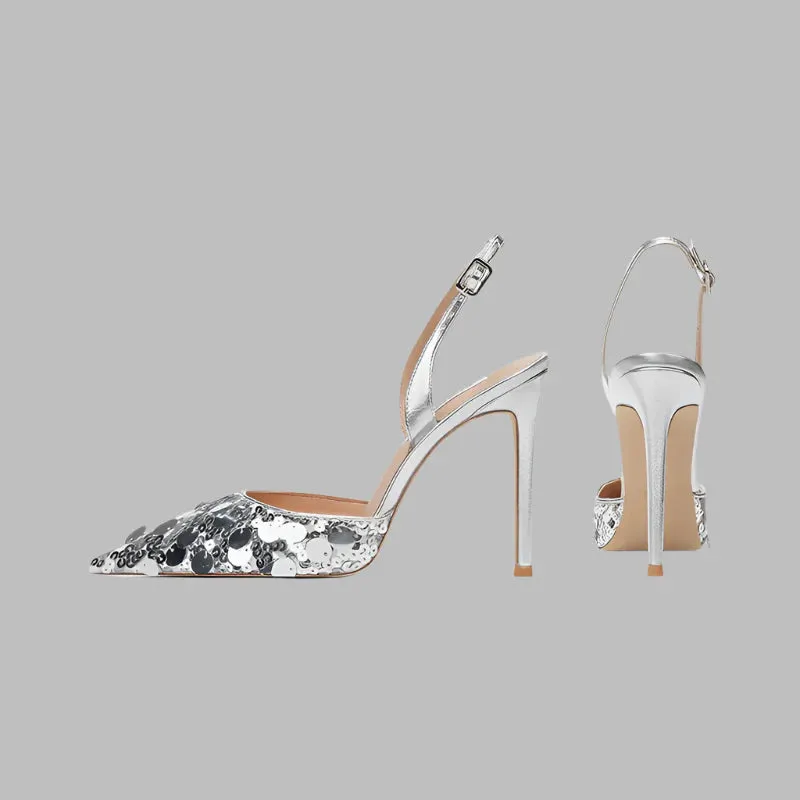 Single button Back strap Sequins Thin heel Sandals