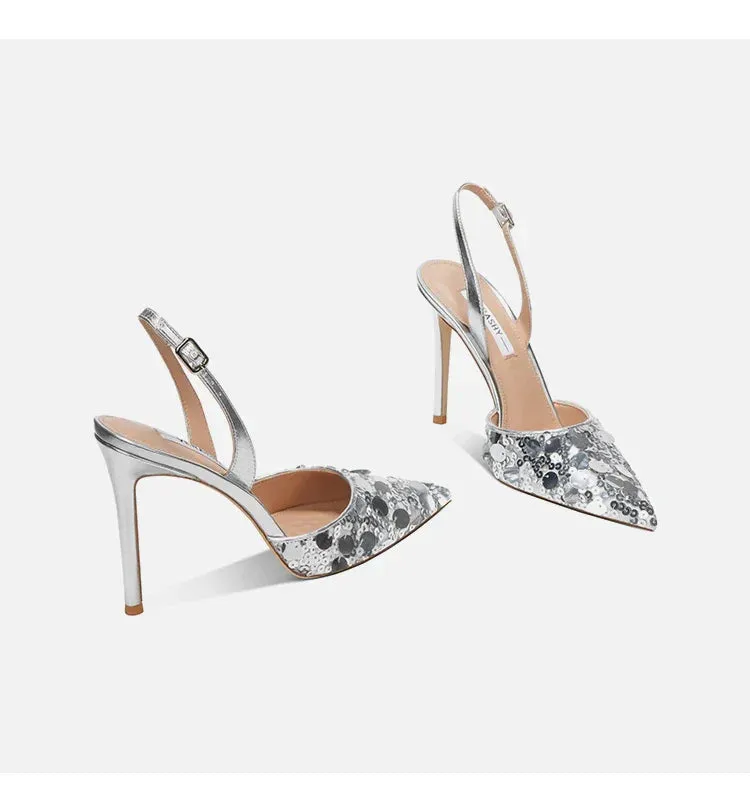 Single button Back strap Sequins Thin heel Sandals