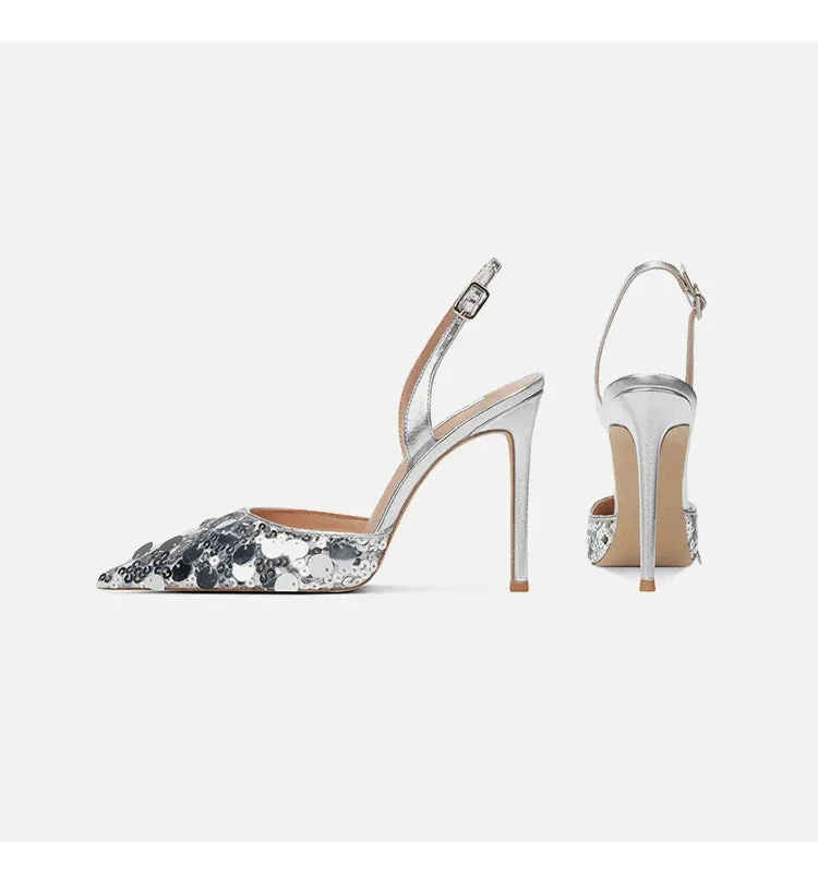 Single button Back strap Sequins Thin heel Sandals