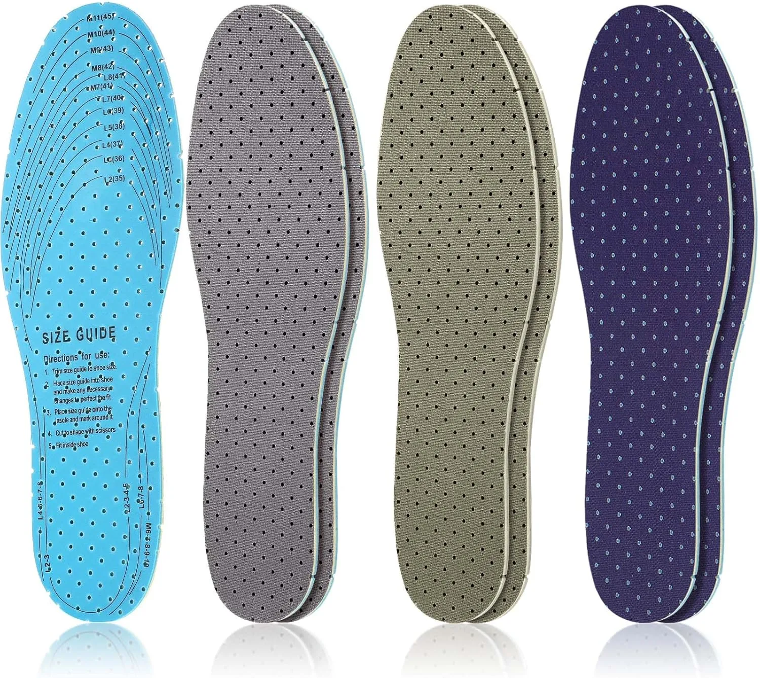 Sintege 3 Pairs Breathable Shoe Insoles Inserts Ultra-Soft Cushioning Walking Comfort Double-Layer Latex Foam Perforated Replacement Insoles for Men 7-11 Woman 2-8(Grey,Army Green,Dark Blue)