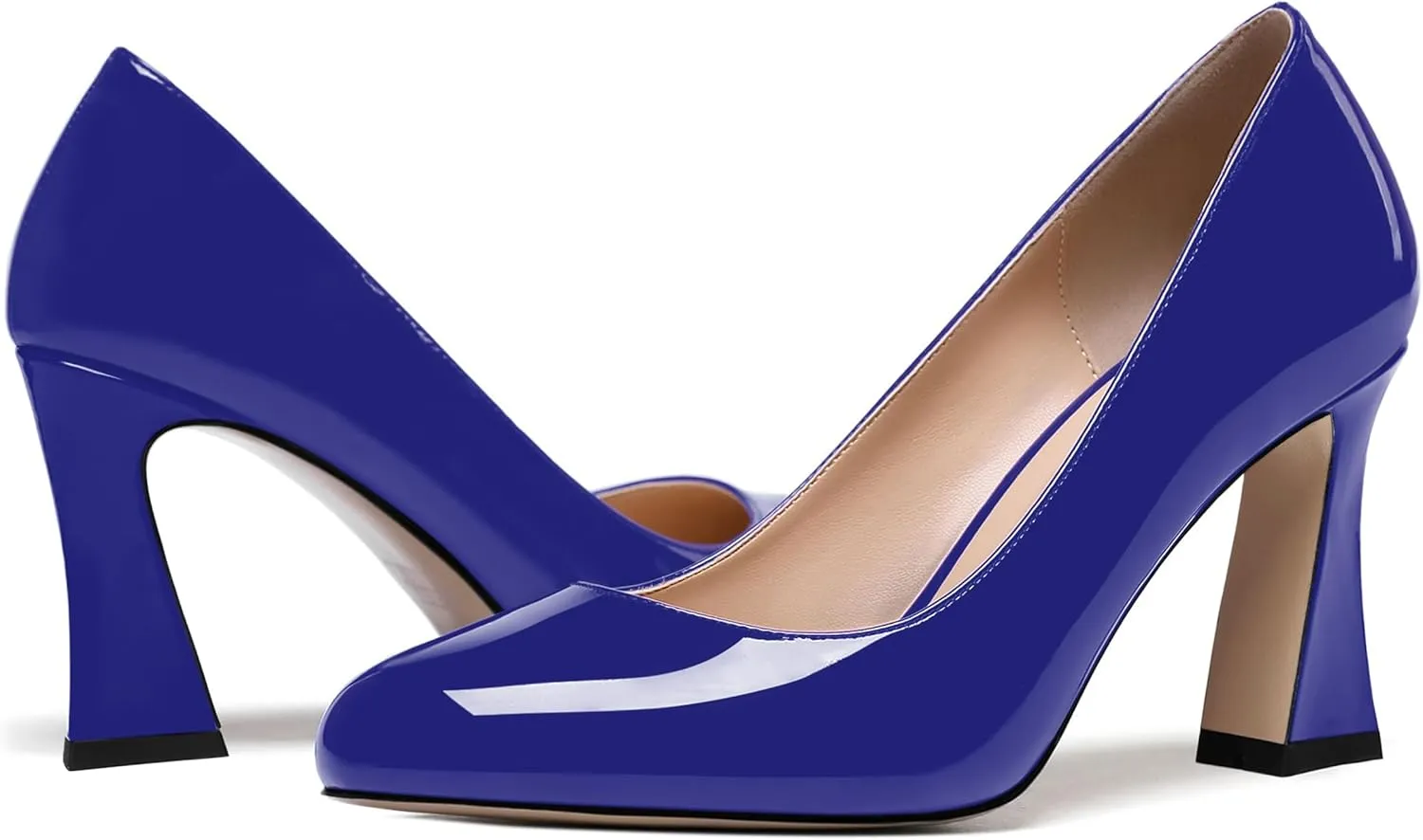 SKYSTERRY Womens Patent Slip On Round Toe Office Casual Spool High Heel Pumps Shoes 3.3 Inch