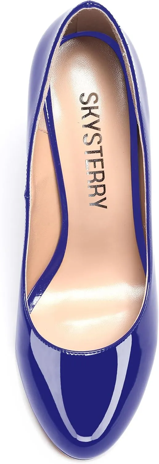 SKYSTERRY Womens Patent Slip On Round Toe Office Casual Spool High Heel Pumps Shoes 3.3 Inch