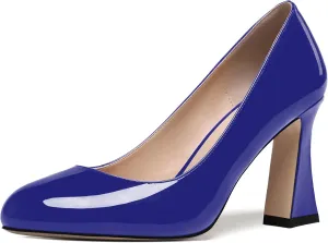 SKYSTERRY Womens Patent Slip On Round Toe Office Casual Spool High Heel Pumps Shoes 3.3 Inch