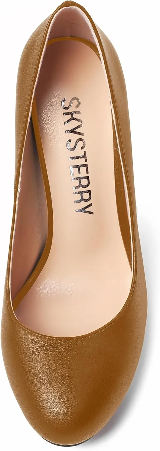 SKYSTERRY Womens Round Toe Casual Office Matte Slip On Spool High Heel Pumps Shoes 4 Inch