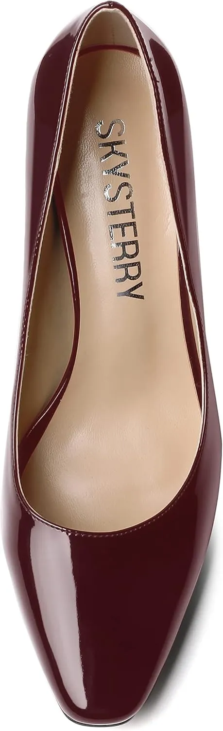 SKYSTERRY Women's Slip On Office Casual Square Toe Patent Spool High Heel Pumps Shoes 3.3 Inch