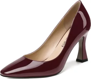 SKYSTERRY Women's Slip On Office Casual Square Toe Patent Spool High Heel Pumps Shoes 3.3 Inch