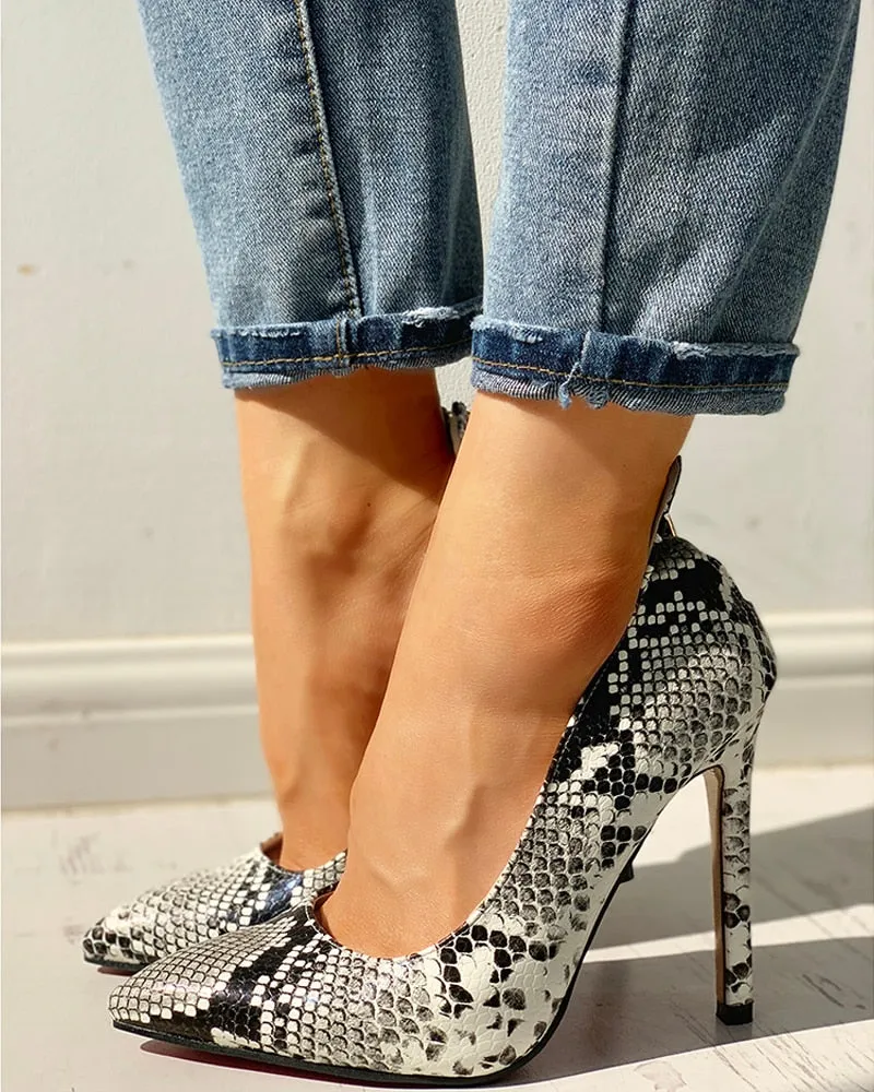 Snakeskin Print Thin Heeled Pumps