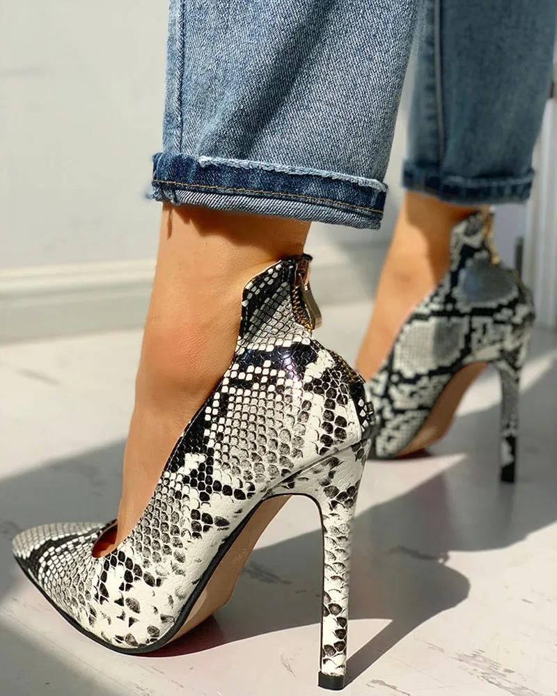 Snakeskin Print Thin Heeled Pumps