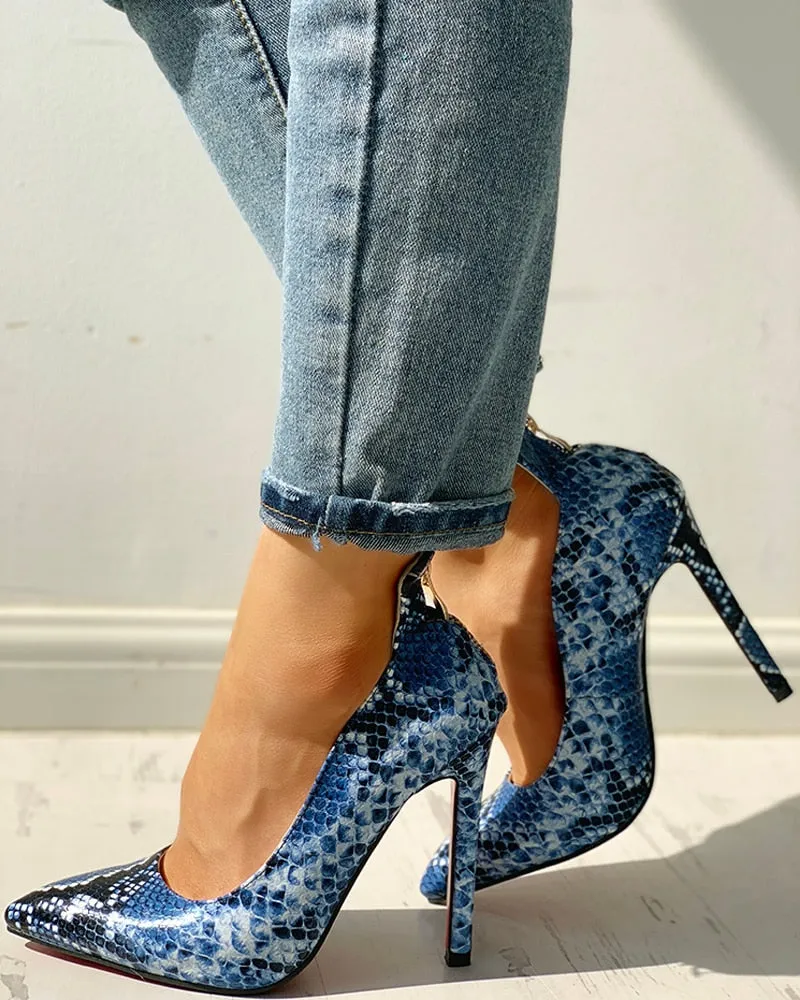 Snakeskin Print Thin Heeled Pumps