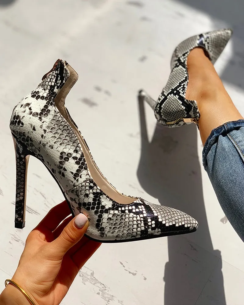 Snakeskin Print Thin Heeled Pumps