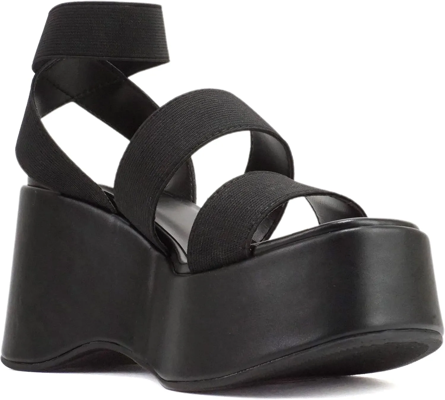Soda “CONEY” ~ Women Open Square Toe Platform Flatform Double Elastic Band Ankle Strap Wedge Sandal