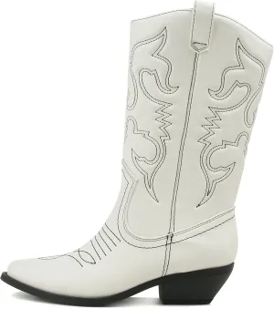 Soda RENO ~ Women Western Cowboy Stitched Pointe Toe Low Heel Ankle Mid Shaft Fashion Boots
