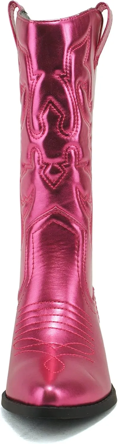 Soda RENO ~ Women Western Cowboy Stitched Pointe Toe Low Heel Ankle Mid Shaft Fashion Boots